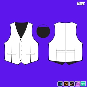 May include: A white vest design with a black interior and front pockets, shown from the front and back views. The vest has buttons and a buckle detail on the back. The background is a solid purple color. The image includes the text "UMC" in the upper right corner.