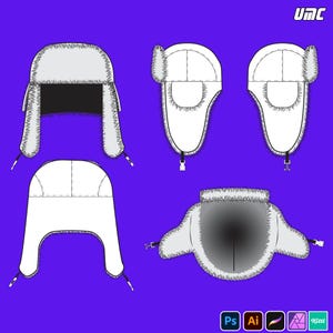 May include: Technical illustration of a gray and white Ushanka hat, shown from various perspectives. The hat has a fur trim, ear flaps, and a black interior. The design includes drawstrings and a buckle. The background is a solid purple.