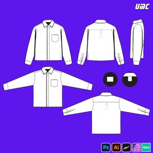 May include: White button-down shirt design with a pocket, collar, and long sleeves, shown from various angles. The design includes a side view and a back view. The image has the text "UMC" and software icons at the bottom.
