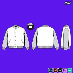 May include: A white and gray varsity jacket design, displayed from multiple angles. The jacket features a button-up front, ribbed cuffs and hem, and a classic collar. The design is set against a purple background, with the UMC logo in the top right corner.