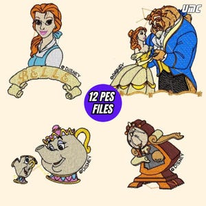 Può includere: Una collezione di ricami raffiguranti i personaggi de La Bella e la Bestia di Disney. Include Belle, la Bestia e altri personaggi. I disegni sono in vari colori e stili, con il logo Disney visibile. L'immagine include anche il testo "12 PES FILES".