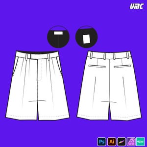 Puede incluir: Diseño de shorts blancos con vistas frontal y trasera, con pliegues, bolsillos y trabillas para el cinturón. Se incluyen primeros planos detallados del botón y el bolsillo. El fondo es de color púrpura. La imagen también incluye el texto "UMC" e iconos de software.