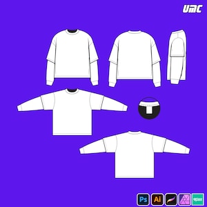 May include: White long-sleeved shirt design with a crew neck, shown from multiple angles. The design includes a layered sleeve detail. The image is set against a purple background and includes the text "UMC" in the upper right corner.