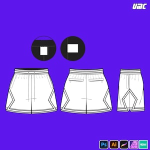 Puede incluir: Dibujo técnico de pantalones cortos deportivos en tres vistas. Los pantalones cortos son blancos con ribetes negros y cintura con cordón. El diseño incluye un patrón geométrico en los laterales. El fondo es morado liso.
