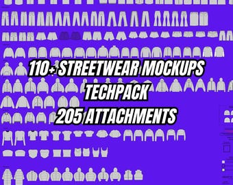110+ Streetwear Clothing Mockups – Vector Templates + 205 Attachments + Editable Tech Pack | AI, PSD, Procreate, Kittl & Affinity Compatible