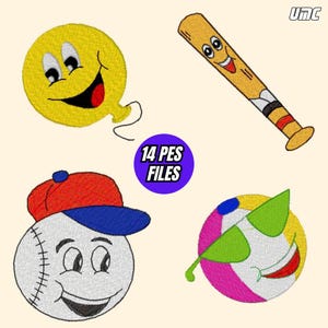 Peut inclure: Motifs brodés représentant un ballon jaune souriant, une batte de baseball, une balle de baseball portant une casquette et un ballon de plage avec des lunettes de soleil. Un cercle violet au centre indique "14 PES FILES". Sur fond crème.