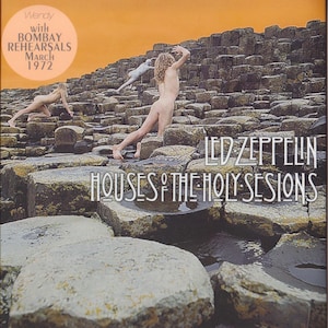 May include: Album cover for Led Zeppelin's "Houses of the Holy Sessions." The image features nude figures on a rocky landscape under an orange sky. The album title is prominently displayed, along with the band's name.
