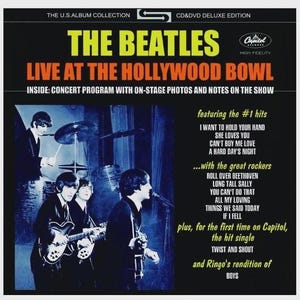 May include: The Beatles "Live at the Hollywood Bowl" CD/DVD Deluxe Edition. The album cover features the band performing live, with text including song titles like "Twist and Shout" and "I Want to Hold Your Hand". The album includes a concert program with photos.