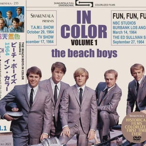 May include: DVD cover for "The Beach Boys In Color, Volume 1" featuring a group of five men in gray suits. The cover includes text in English and Japanese, with show dates and locations. The DVD is labeled "Historical Films Colorized First Time Ever!"