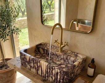 Marble Sink Calacatta Viola Marble Basin, Grooved Ribbed Stone wall-mount countertop Bathroom Vanity Vessel