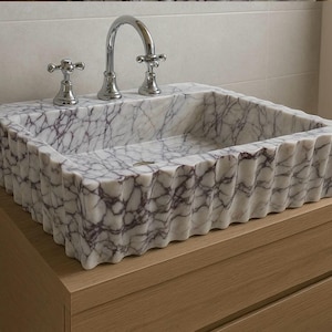 Handcrafted Calacatta Viola Marble Sink: Fluted Bathroom Vanity