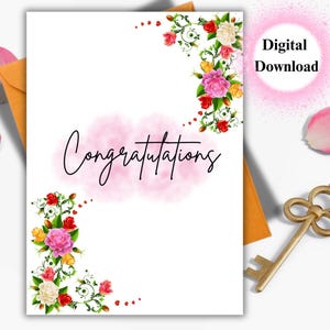 Cartão de felicitações floral para download digital, cartão de felicitações elegante para impressão, cartão de formatura de casamento para bebê, impressão instantânea não editável