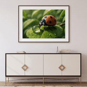 May include: A framed photograph of a ladybug on a green leaf with water droplets. The ladybug is orange with black spots and a black head. The leaf is a vibrant green, and the background is blurred green foliage.