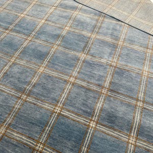 Handmade Blue Wool Oushak Rug: Modern Checkered Plaid Carpet