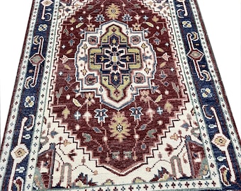 Hand-Knotted Wool Oushak Rug, Turkish Oriental Area Rug, Red Blue