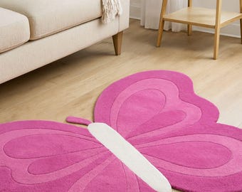 Hand-Tufted Wool Butterfly Rug, Pink Kids Nursery Carpet