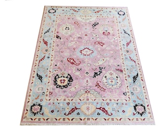 Hand-Knotted Oushak Wool Rug: Oriental Turkish Style, Pink, 5x8 ft