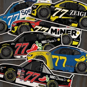 May include: A collection of racing car stickers featuring the number 77 in various colors, including blue, yellow, red, and black. Each car has sponsor logos and the Goodyear Eagle tire logo. Some stickers include the text "MINER" and "RIDE Dente".