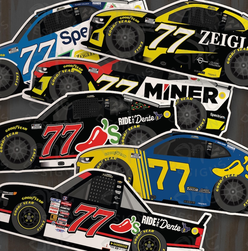 May include: A selection of racing car stickers, each displaying the number 77 in different colours such as blue, yellow, red, and black. The stickers feature sponsor logos and the Goodyear Eagle tyre logo. Some stickers include the text "MINER" and "RIDE Dente".