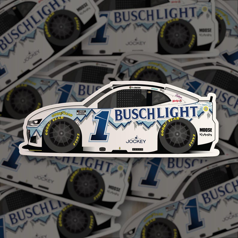 May include: A white sticker featuring a stylized race car with the number 1 and the words "BUSCH LIGHT" in blue. The car has black wheels with "GOOD YEAR" and "EAGLE" branding. Additional text includes "JOCKEY" and "MOOSE Kubota".