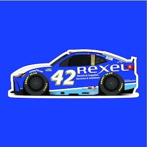 May include: A blue race car with the number 42 and the word "rexel" on the side. The car has Goodyear tires and various sponsor logos. The background is a solid blue.