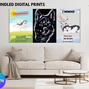 Set of 3 Husky Wall Art Prints – Zoomies, Treats & Detailed Portrait (A4 PDFs)
