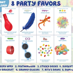 8 Blue Digital Favor Bundle, Keepy Uppy, Feather Wand, Sticky Gecko, Sleepytime, Slap Bracelet, Granny Glasses, Rita&#39;s Beans, Bum Worms