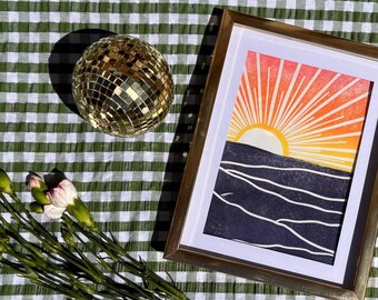 Sunrise over mountains lino print
