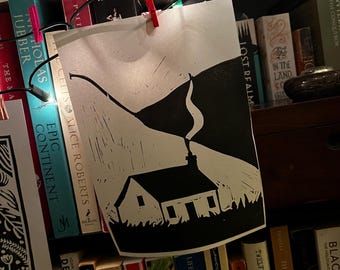 Highlands cottage lino print A5