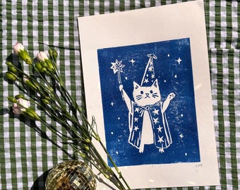 Stampa linoleum gatto mago magico A4