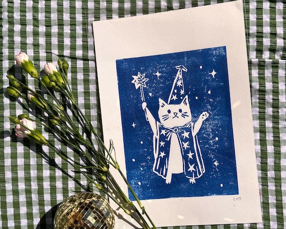 Magical Wizard Cat Lino Print A4