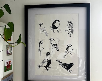British Garden Birds Jumbo Lino Print A3