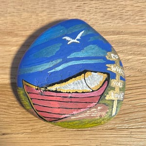 Boat, boat on land, sea, landscape, rock, stone, rocks, stones, rock painting, stone painting, acrylic rock, painted rock, painted rocks