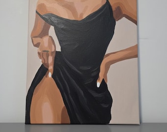 Vrouw in zwarte jurk, olieverfschilderij – Minimalistische figuratieve kunst op canvas, 40 x 30 cm, ideaal als verjaardagscadeau of kerstcadeau.
