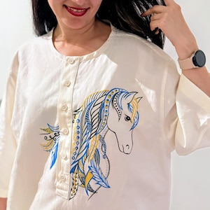 Hand-Painted Horse T-Shirt: Upcycled Zara Art, Size 42, Sustainable Fashion image 1