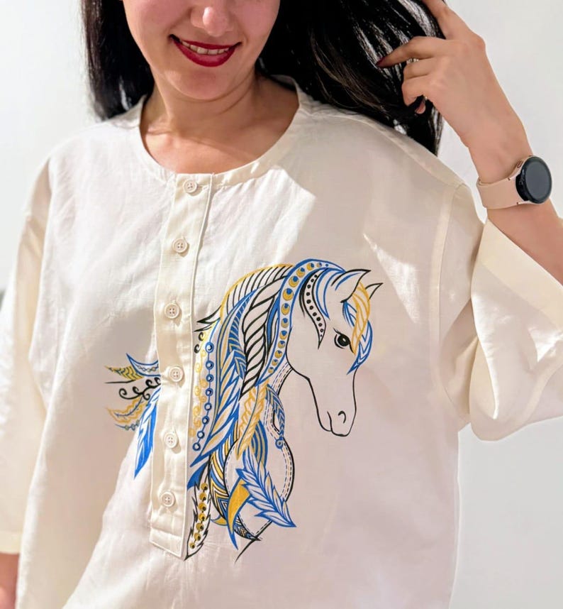 Hand-Painted Horse T-Shirt: Upcycled Zara Art, Size 42, Sustainable Fashion image 1