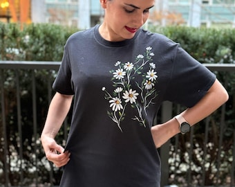 Hand-Painted Daisy T-Shirt, Black Cotton Floral Tee, Wearable Art, Mother's day gift