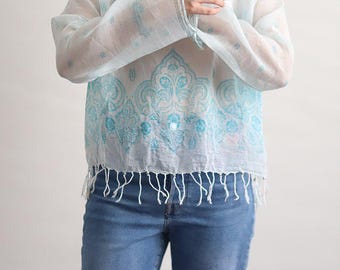 Handmade Sheer Boho Blouse: Turquoise Paisley Fringed Top, Mother's day gift