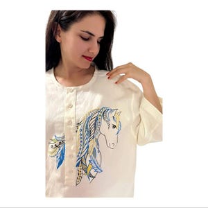 Hand-Painted Horse T-Shirt: Upcycled Zara Art, Size 42, Sustainable Fashion image 2
