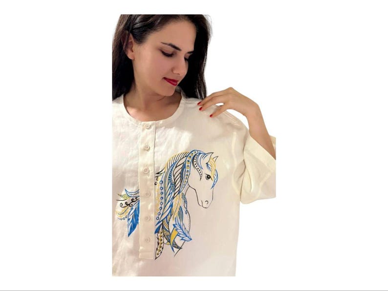 Hand-Painted Horse T-Shirt: Upcycled Zara Art, Size 42, Sustainable Fashion image 2