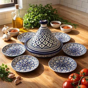 手描きのモロッコ風セラミック製タジン鍋セット（プレート6枚付き）｜ボヘミアン風食器