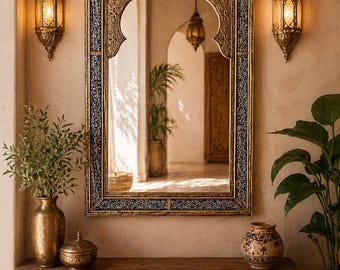 Moroccan Mirror Handmade – Engraved Brass & Bone Inlay, Arch Wall Mirror, Islamic Geometric Decor, Boho Luxury Home Decor