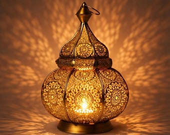 Handgemaakte Marokkaanse koperen lantaarn – oosterse kandelaar, boho-huisdecoratie, schaduwverlichting