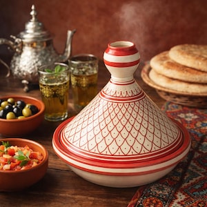 Puede incluir: Una olla de tagine de cerámica blanca y roja con tapa cónica, con un patrón detallado. La imagen también muestra una tetera de plata, vasos de té, aceitunas y pan, lo que sugiere un tema culinario.