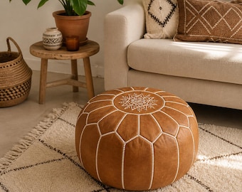 Handmade Moroccan Leather Pouf Ottoman, Boho Floor Cushion, Living Room Decor