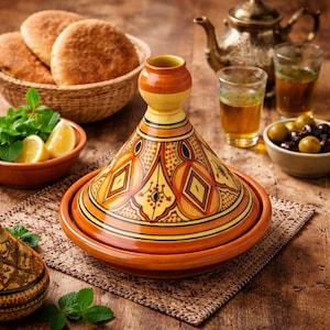 May include: A colorful, ceramic tagine pot with a conical lid, featuring geometric patterns in orange, yellow, and brown. The image also includes a basket of bread, a bowl of olives, and glasses of tea, suggesting a culinary theme.