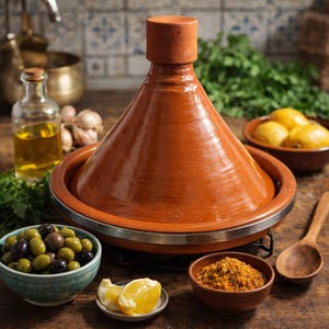 May include: A traditional brown earthenware tagine pot with a conical lid, set on a wooden surface. The image includes bowls of olives, lemons, and spices, along with a bottle of olive oil and a wooden spoon, suggesting a culinary theme.