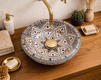Moroccan Blue White Ceramic Vessel Sink | Handmade Gold Rim Wash Basin