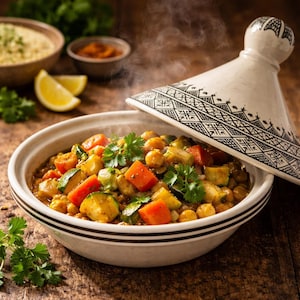 Puede incluir: Un plato de tagine humeante con una tapa decorativa, lleno de verduras, garbanzos y hierbas. El plato está sobre una superficie de madera, con ingredientes adicionales en el fondo.