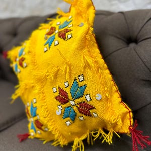 Handmade Moroccan Decorative Pillow | Traditional Berber Embroidery | Fringed Cushion with Tassels